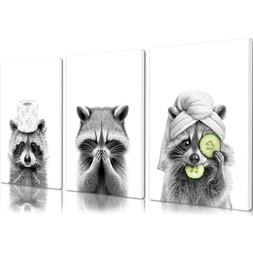 3 Stück Lustige Raccoon Bilder Badezimmer Poster Schwarz-Weiß A4 Bild Badezimmer Nicht Leicht zu Verblassen Poster WC Ungerahmt Geeignet für die Dekoration von Toiletten und Badezimmern (21x30cm) von DabbOo