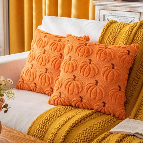 2er Set Kürbis Kissenbezüge 50x50 Orange - Sofakissen, Dekokissen & Zierkissen - Halloween Deko mit Kürbis-Motiv - Herbst Innen Pumpkin Kissen Dekora (Orange, 50x50cm) von Dabeto