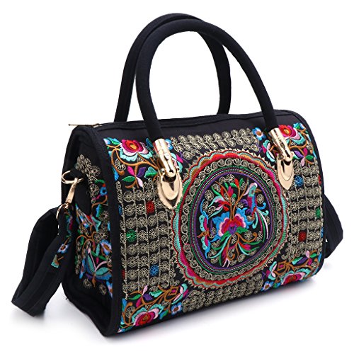 Dabixx Frauen Floral Bestickte Handtasche Ethnische Boho Canvas Einkaufstasche Reißverschluss Tasche 01# von Dabixx