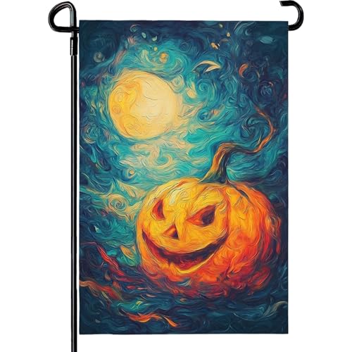 Dacawin Halloween-Gartenflagge Kürbis Jack O' Laterne Hofflagge Van Gogh Chinoiserie Kunst Gartenflaggen Sternenhimmel Mond Haus Banner Veranda Terrasse Bauernhaus Outdoor Herbst dekorativ 30,5 x 45,7 von Dacawin