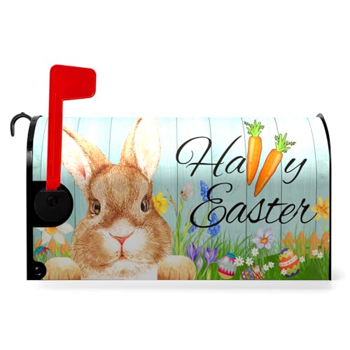 Dacawin Happy Easter Briefkastenabdeckungen, Motiv: Frühlingshase, Kaninchen, magnetische Briefkasten, Ostereier, blaue Holzmaserung, Karotte, Blumen, Briefkastenabdeckung, Dekoration, Zuhause, von Dacawin