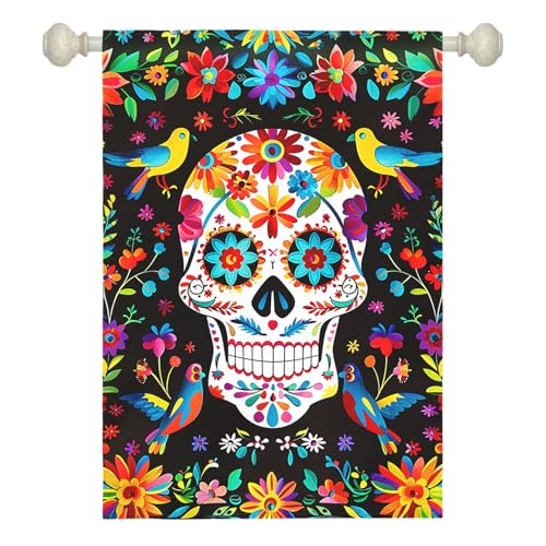 Dacawin Tag der Toten Gartenflagge Totenkopf Willkommen Floral Haus Banner Mexikanisches Gothic Skelett Blumen Vögel doppelseitige Gartenflaggen Fiesta Dia DE Los Muertos Sackleinen Hofflagge 71,1 x von Dacawin