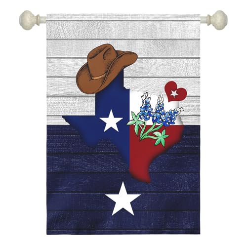 Dacawin Texas Bluebonnet Gartenflagge Cowboyhut Texas State Yard Flagge Americana Western House Banner Polyester doppelseitig für Außenwand Hof Terrasse Fenster Veranda Willkommensbanner Geschenk 71,1 von Dacawin