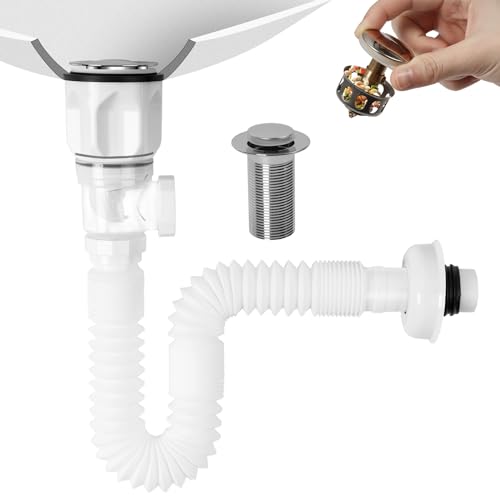 Dachiy Abflussrohr-Kit Für Waschbecken Abfluss, Siphon Für Mit Flexiblem Ablaufschlauch, Pop-Up-Filter Abflussstopfen, Geruchsdichte Insektendrainage Kits, Ausziehbar Von 230-800 Mm von Dachiy