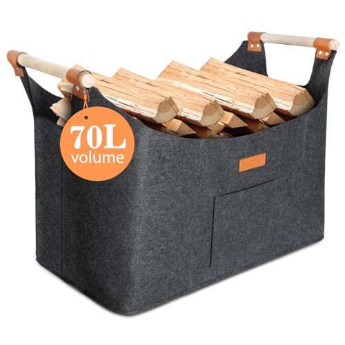 Faltbarer Holzkorb Filztasche 50 x 32 x 40 cm 70L, Korb Aus Brennholz Mit Griff, Extra Dicker Filzkorb, Er Kann Auch Als Aufbewahrungskorb Für Einkäufe Und Zeitungen Verwendet Werden (Dunkelgrau) von Dachiy