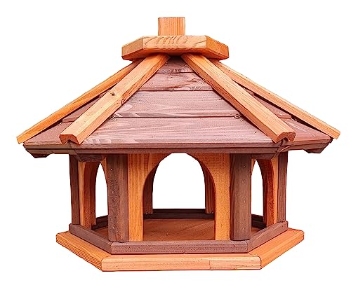 Vogel Futter Haus Futterstelle Sechseck aus Holz Vogelhaus,Vogelfutterhaus zum Stellen für den Garten.Futterstation für Wildvögel (Braun+Rot) von GRTLPOK
