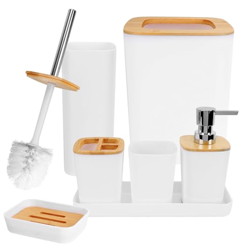 Dadabig 7 Stück Badezimmer Set, Badset Badezimmer Zubehör Set Bambus, Luxus Modern Bad Set, Mülleimer/Seifenspender/Spülbecher/Seifenschale/Zahnbürstenhalter/Toilettenbürste Set/Schminktisch-Tablett von Dadabig