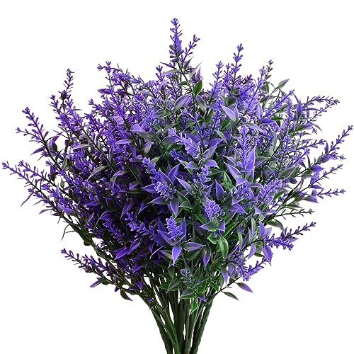 12 Bündel Künstliche Lavendel Blumen, Kunstblumen für Außen, kunstpflanzen Outdoor, UV Beständige Künstliche Sträucher Balkonpflanzen, Plastikblumen Unechte Blumen für Hausgarten Büro Hochzeit Party von Daelesr