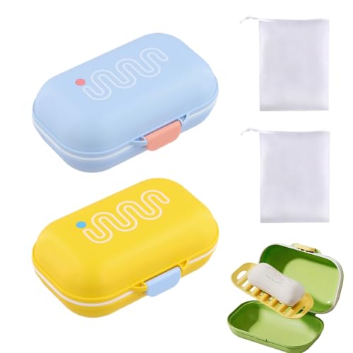2 Seifendose Reise Wasserdicht, 11.5*7.5*4.8cm Tragbare Seifenbox mit Deckel, Abtropfgitter, 2 Schaumnetze, Seifenschale für Badezimmer, Reisen, Camping, Fitnessraum, Einfach zu Reinigen (gelb+blau) von Daelesr