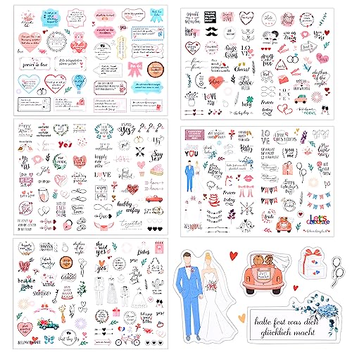 Daelesr 266 STK Sticker Hochzeit Gästebuch, Aufkleber mit Liebe Herz, Hochzeit Sticker Deutsche Aufschrift, Love Aufkleber für Einladungskarte Gästebuch, Fotoalbum und Scrapbook, 5 Bögen (Rosa) von Daelesr