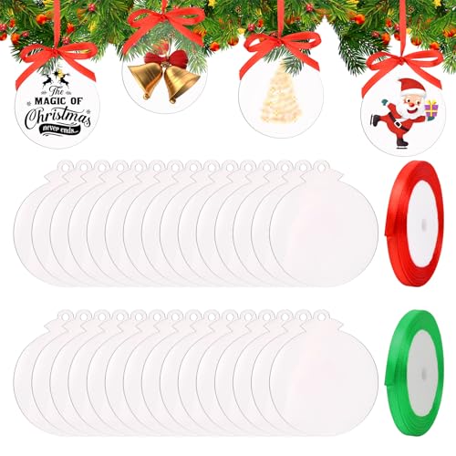 30 Stück Runde Acrylornamente Weihnachten, Blanko Acryl Weihnachtsbaumschmuck, Klar Acryl Weihnachtsschmuck, DIY Klar Acryl Christbaumschmuck mit 2 Rolle Band für Party hängende Dekoration von Daelesr