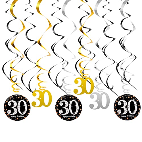 30. Geburtstag Deko Spiralen Set, Silber Schwarz Gold 30 Party Swirl Geburtstag Dekorationen, Folie Decke Hängend Wirbel Dekoration, für Frau Mann Jahrestag Hochzeit Partydeko,18 Stücke (30) von Daelesr