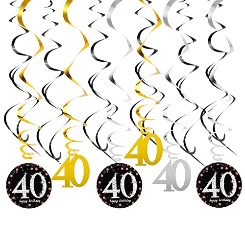 40. Geburtstag Deko Spiralen Set, Silber Schwarz Gold 40 Party Swirl Geburtstag Dekorationen, Folie Decke Hängend Wirbel Dekoration, für Frau Mann Jahrestag Hochzeit Partydeko,18 Stücke (40) von Daelesr