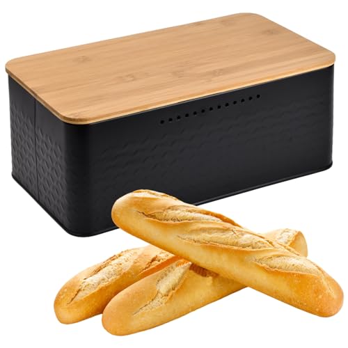 Brotkasten mit Großer Kapazität, Brotbox Schwarz Bambus, Kleiner Brotkasten mit Schneidebrett, 33x18x13.5cm, Brot Aufbewahrungsbox aus Metall, Moderne Brotbox zur Brotaufbewahrung Gebäck Backwaren von Daelesr