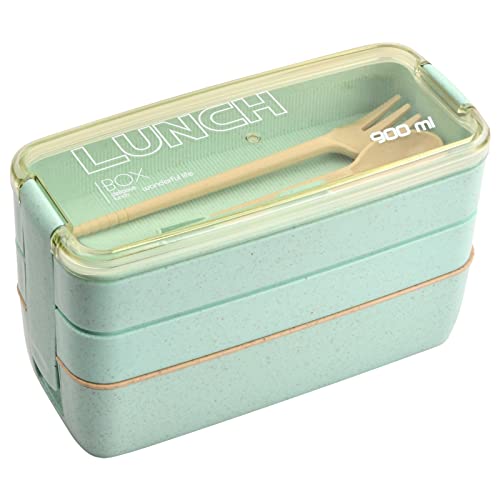 Daelesr Brotdose Erwachsene 900ml mit 3 Fächern, Bento Lunch Box Reusable, Vesperdose Kinder mit Besteck, Lunchbox Brotbox Meal Prep Boxes Stackable (Grün) von Daelesr