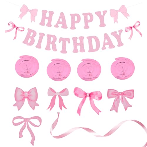 Geburtstagsdeko, Geburtstagsdekoration, Birthday Decorations, Geburtstagsparty Dekoration, Happy Birthday Girlande mit rosa Schleife, Geburtstagsfeier Innen- und Außenbereich Hintergrunddekoration von Daelesr