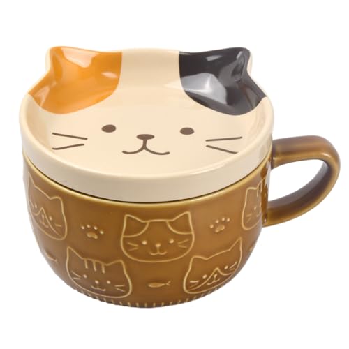 Keramik Katze Kaffeebecher, Katzentasse Niedliche, Tier Frühstück Tee Tasse Set 300ml mit Deckel, Schöne Katze Keramik Tasse Teebecher für Geburtstag Festivals Geschenke Mädchen Jungen (braune Katze) von Daelesr