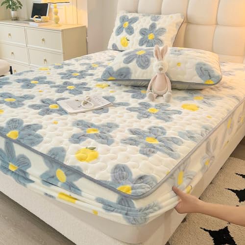 Boxspringbett Spannbettlaken 71 * 79inch, Cartoon-Kristall-Samt, verdickter gesteppter Matratzenbezug, Bettlaken, Spannbetttuch, Schlafzimmer für Jungen und Mädchen, Blau von Daenlujec