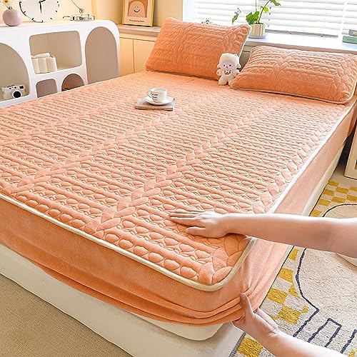 Daenlujec Laken für Wasserbetten Boxspringbetten 180 x 220cm 3Stück, Dicker gesteppter Samt-Matratzenbezug, Winter-Plüsch-Spannbetttuch und Kissenbezüge, Paar warme, weiche Fleece-Tagesdecke, Orange von Daenlujec