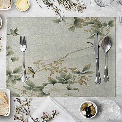 Daesar Blumen Zweige und Vögel Platzmatten Abwaschbar Leinen, Platzset Tischset 4er Set 40X30CM von Daesar