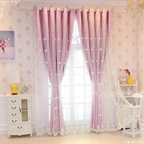 Daesar Gardinen Blickdicht mit Ösen, Verdunkelungsvorhang Kinderzimmer 2er Set Nordisch Doppellagig mit Spitze Stickerei Blumen Motiv 102x244CM Schiebevorhänge Rosa Vorhänge Schlafzimmer von Daesar