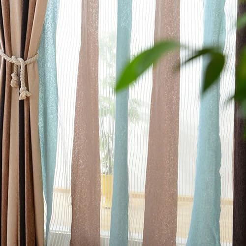 Daesar Gardinen Lichtdurchlässig Tricolor, Vorhänge Ösen 2er Set 132x229CM Nordisch mit Blau Kaffee Gestreift Motiv Vorhänge Halbtransparent Schlafzimmer Wohnzimmer Küche von Daesar