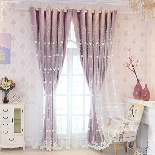 Daesar Gardinen Verdunklung 2er Set Lila, Vorhänge Blickdicht mit Ösen Nordisch Doppellagig mit Spitze Stickerei Blumen Motiv 137x214CM Schlafzimmer Gardinen Vorhänge Wohnzimmer Kinderzimmer von Daesar