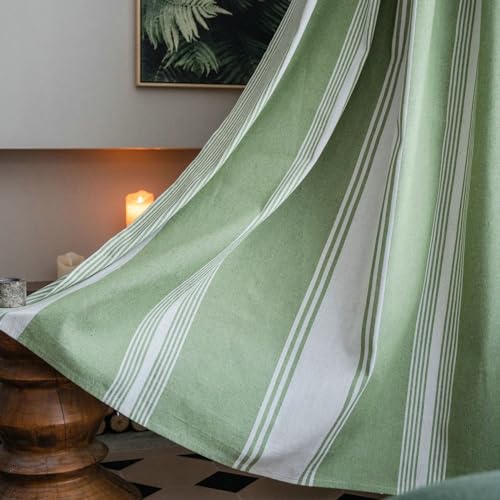 Daesar Grün Weiß Vorhänge mit Haken 2er Set, Vorhänge Lichtdurchlässig Bicolor mit Gestreift Motiv 150x160CM Gardinen Halbtransparent Wohnzimmer Küche von Daesar
