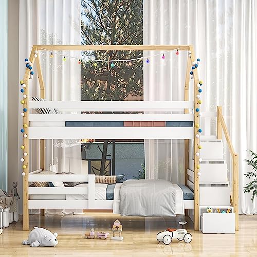 Daesar Hausbett Etagenbett Kinder 90x200 Holz, Rausfallschutz Kinderbett mit Schubladen und Treppe, Bettgestell mit Lattenrost, Modern Holzbett Ekrü ohne Matratze von Daesar