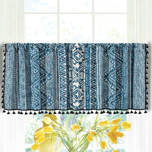Daesar Küchengardine Stangendurchzug, Vorhang Blickdicht Kurz 150x91CM Bedruckt Geometrie Motiv Scheibengardine Bistrogardine Boho Blau, 1 Stück von Daesar