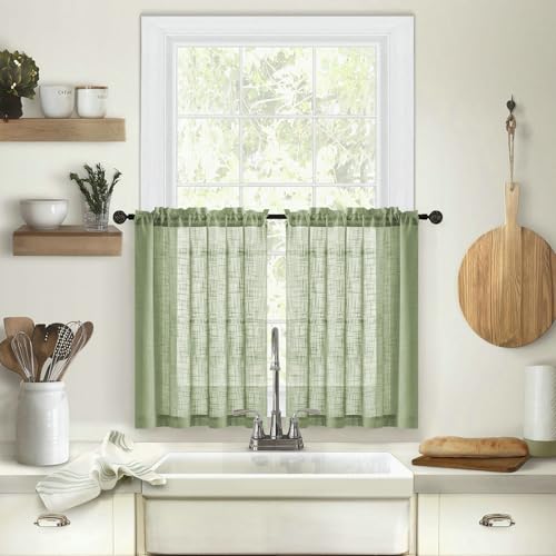 Daesar Kurze Vorhänge Fenster Stangendurchzug, Scheibengardinen Kurzstores Halbtransparent Grün Leinenoptik Einfarbig Bistrogardine 93.5CM Hoch Modern 2er Set, 137x45cm von Daesar