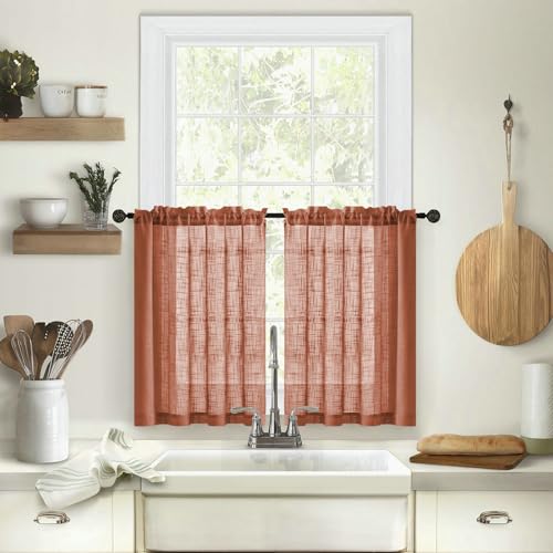 Daesar Kurze Vorhänge Fenster Stangendurchzug 2er Set, Scheibengardinen Halbtransparent Rot Leinenoptik Einfarbig Küchengardinen Bistrogardine Modern 137x45cm von Daesar