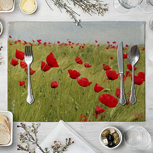 Daesar Platzdeckchen Baumwolle 2er Set, Tischsets Abwaschbar 42x32 Gras und Rote Blumen Muster Platzsets Modern für Esstisch Glastisch von Daesar