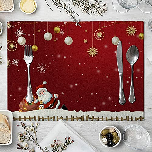 Daesar Platzdeckchen Baumwolle Weihnachten 42x32, Tischsets 6er Set Abwaschbar Schneeflocken Weihnachtsmann mit Geschenken Muster, Platzset für Esstisch Holztisch Glastisch von Daesar