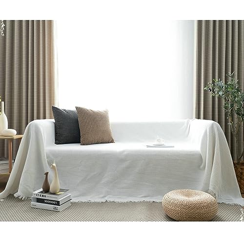 Daesar Sofabezug rutschfest 180x300CM, Couch Überzug Ecksofa 3 Sitzer Weiß mit Quasten Sofa Überzug Baumwolle Universal Bezug Sofa 180x300CM von Daesar