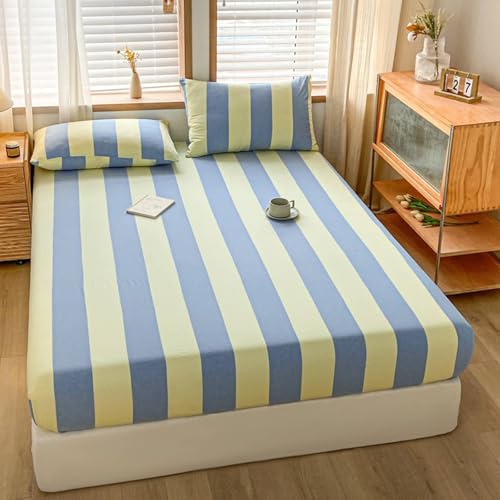 Daesar Spannbettlaken 150x200CM Boxspringbett, Spannleintuch Baumwolle Gestreift Muster Spannbettlaken Topper rutschfest Blau Gelb-1 Stück, ohne Kissenbezüge von Daesar