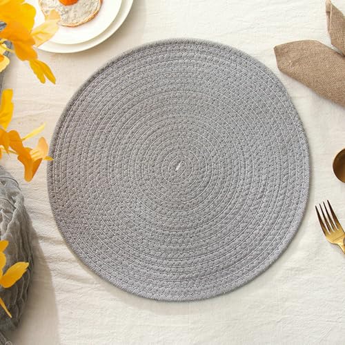 Daesar Tischsets Rund 30CM Stoff 2er Set, Platzdeckchen Abwaschbar Grau Geflochten mit Silber Linien Modern Platzsets rutschfest für Holztisch Esstisch Gartentisch von Daesar