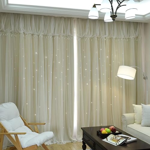 Daesar Verdunkelungsvorhang Kinderzimmer 2er Set, Gardinen Blickdicht mit Haken Fantastisch Doppellagig mit Sternen Motiv 102x244CM Schiebevorhänge Beige Vorhänge Schlafzimmer Wohnzimmer von Daesar