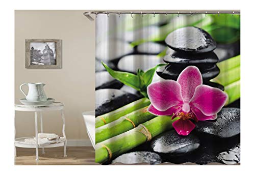 Daesar Vintage Duschvorhang aus Polyester-Stoff Bambus Orchidee Steine Antischimmel 3D Duschvorhang 180X200CM von Daesar