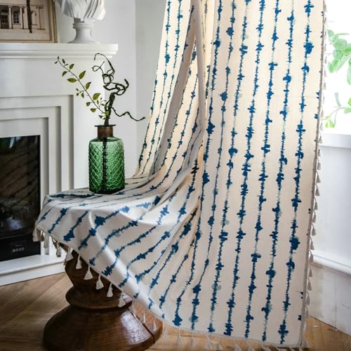 Daesar Vorhänge 2er Set, Vorhänge Lichtdurchlässig mit Haken 150x200CM Bedruckt mit Blau Streifen Motiv Gardinen Halbtransparent Küche Wohnzimmer von Daesar