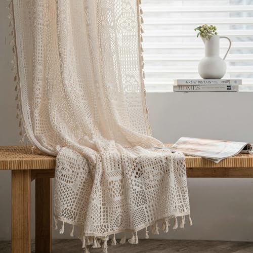 Daesar Vorhänge Beige 2er Set 150x180CM, Vorhänge Lichtdurchlässig mit Haken Landhausstil mit Geometrie Motiv Gardinen Halbtransparent Küche Wohnzimmer von Daesar