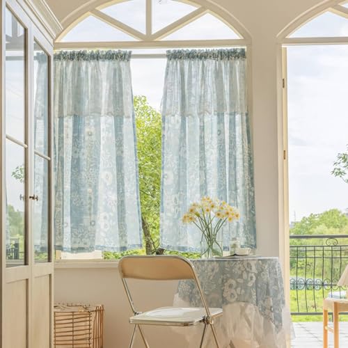 Daesar Vorhänge Halbtransparent Stangendurchzug, Vorhänge Blau 2er Set 132x229CM Landhausstil Bedruckt mit Blumen Motiv Gardinen und Vorhänge für Schlafzimmer Wohnzimmer Esszimmer von Daesar