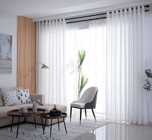 Daesar Vorhänge Lichtdurchlässig, Weiß Vorhänge Ösen 2er Set 107x244CM Einfarbig mit Kariert Motiv Japanisch Gardinen Halbtransparent Schlafzimmer Wohnzimmer Küche von Daesar