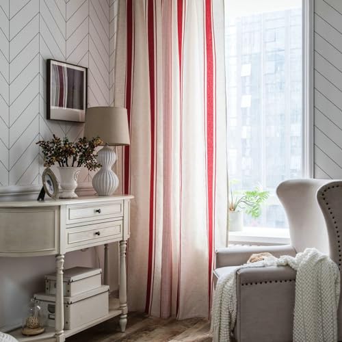 Daesar Vorhänge Lichtdurchlässig, Weiß Vorhänge mit Haken 2er Set 150x220CM mit Rot Gestreift Motiv Gardinen Halbtransparent Wohnzimmer Küche von Daesar