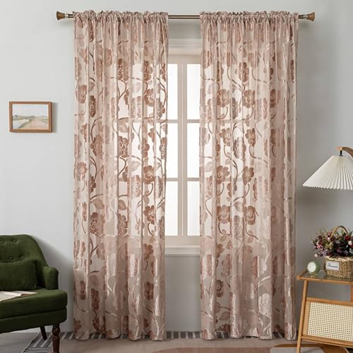 Daesar Vorhänge Lichtdurchlässig 2er Set, Braun Vorhänge Stangendurchzug Jacquard Blumen Motiv Landhausstil 102x183CM Vorhänge Fenster Gardinen Wohnzimmer Schlafzimmer Küche von Daesar