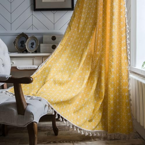 Daesar Vorhänge Lichtdurchlässig 2er Set, Gardinen Halbtransparent 150x220CM Bedruckt Schachbrett mit Quasten Gelb Vorhänge Stangendurchzug für Wohnzimmer Küche von Daesar