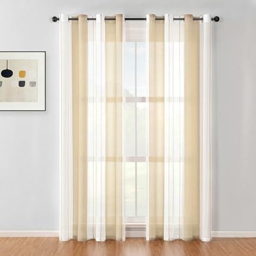 Daesar Vorhänge Lichtdurchlässig Wohnzimmer, Vorhänge Ösen 2er Set Nordisch mit Gestreift Muster Bicolor Beige Gardinen und Vorhänge Fenster 107x115CM von Daesar