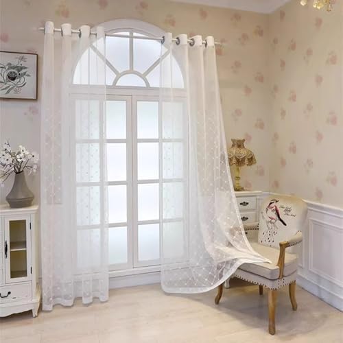 Daesar Vorhänge Lichtdurchlässig mit Haken, Weiß Vorhänge 2er Set 137x274CM Stickerei mit Kariert Motiv Gardinen Halbtransparent Schlafzimmer Wohnzimmer Küche von Daesar
