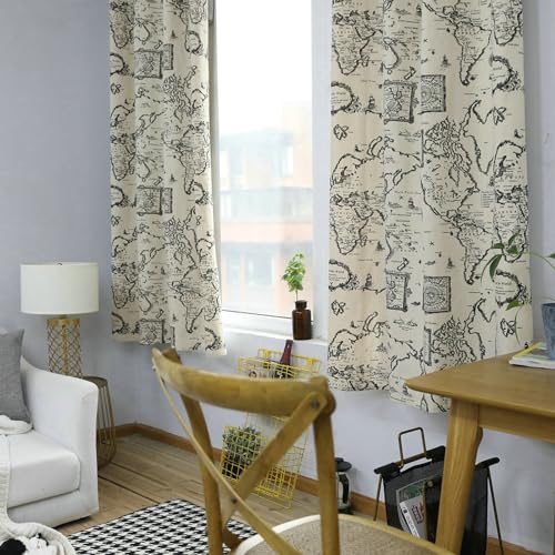 Daesar Vorhänge Schwarz Beige 2er Set, Vorhänge Halbtransparent mit Ösen 132x160CM Bedruckt Karte Motiv Wohnzimmer Gardinen und Vorhänge Fenster von Daesar