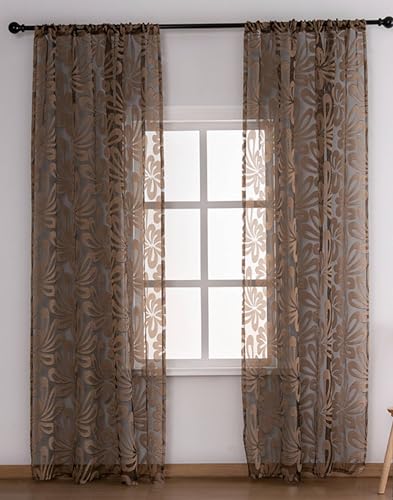 Daesar Vorhänge Stangendurchzug 2er Set 137x244CM, Gardinen Lichtdurchlässig Braun Modern Jacquard Blumen Motiv Vorhänge Halbtransparent Wohnzimmer Schlafzimmer Küche von Daesar